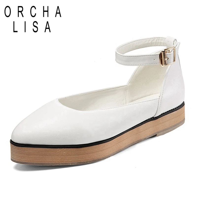 

ORCHA LISA 2019 Woman Spring Autumn Flat PU Leather Platform Shoes Ankle Strap Gladiator Soft Pointed Toe Casual Retro Size 46