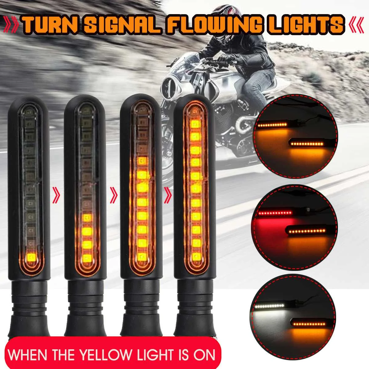 

1 Pair Universal 12V Motorcycle LED Flowing Water Turn Signal Lights Indicator Blinker Lamps with White DRL/Red Brake Lamp