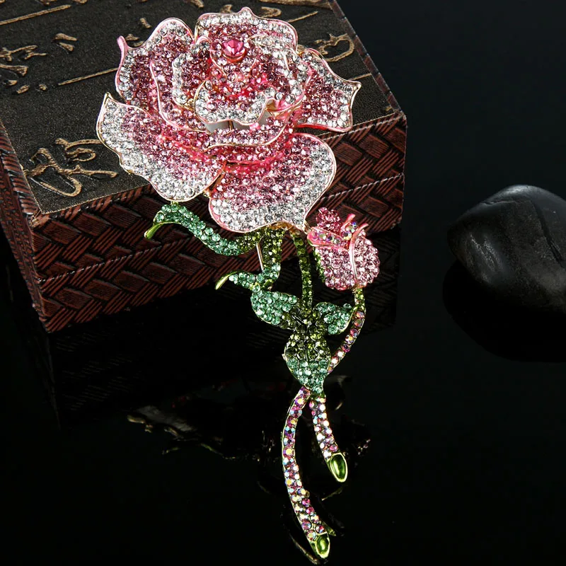 Big Size Rose Flower Brooch For Women Wedding Jewelry Pink Crystal