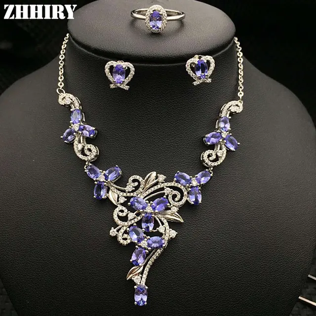 Natural Blue Tanzanite Gemstone Jewelry Sets Genuine Solid 925 Natural Blue Tanzanite Gemstone Jewelry Sets Genuine Solid 925 Sterling Silver Women Ring Necklace Earring Zhhiry