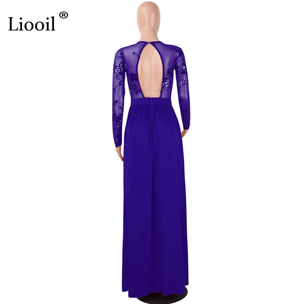 Liooil вечернее платье с блестками сексуальные с сеточкой в стиле петчворк прозрачное длинное платье с открытой спиной и длинным рукавом с открытой спиной синие красные длинные платья
