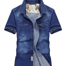 Азиатский размер XXXXL летние мужские хлопковые джинсовые рубашки одноцветные рубашки с коротким рукавом Повседневная Темно-синяя мужская брендовая одежда
