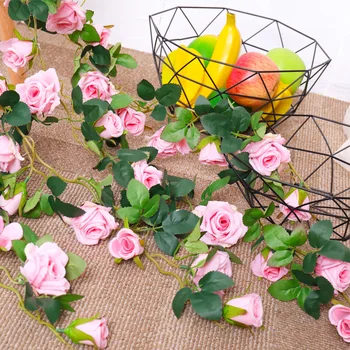

Silk Roses string rose Vine Artificial flowers wreath Rattan Hanging Flower love rose Garland Wedding Party Home vine Decoration