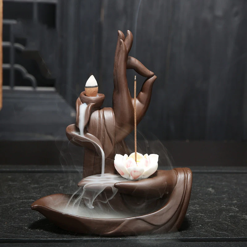 

Crafts Ornaments Creative Incense Holder Home Decoration Accessories Purple Sand Buddha Hand Wierook Waterval Zen Ornaments
