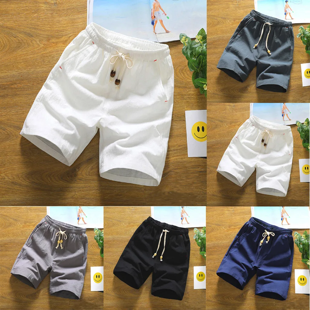 Men's Fashion Summer Casual Solid Pocket Drawstring Cotton Linen Short Pants