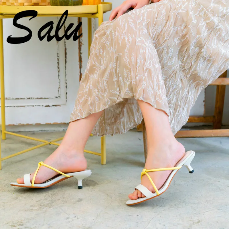 

Salu 2019 Women Sandals Summer Genuine Leather Pointed Toe Women's Sandals Heel Sexy Beige Fashion Wedding Shoes Woman