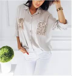 Мода блестками Blusas Для женщин Дамы Блузка с длинными рукавами пайетки карман Повседневное свободную рубашку шифон Топы Лоскутная рубашка