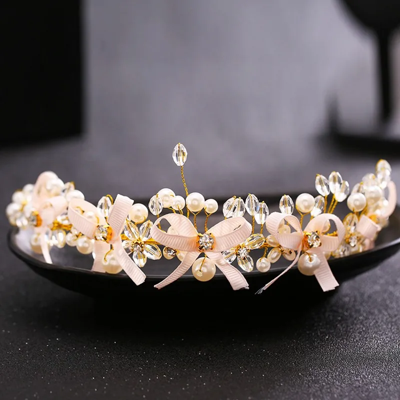 Кристалл жемчуг повязка на голову для невест Sweety золото свадебный головной цепи с бантами Красивые свадебные аксессуары SQ0266
