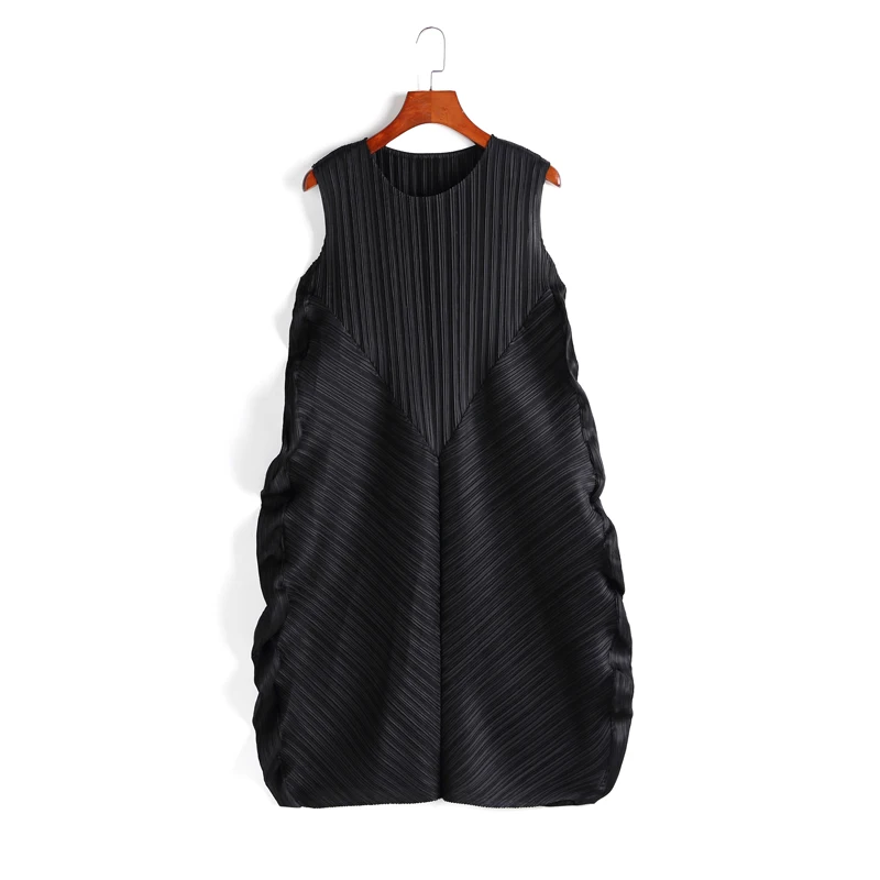 Changpleat новые летние женские платья miяк плиссированные модные дизайнерские без рукавов однотонные Свободные Большие размеры женские платья Tide D890 - Цвет: Black