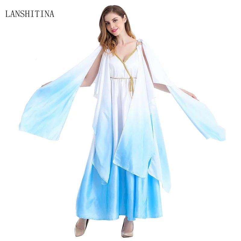 

LANSHITINA Queen Of the Adult Cleopatra Costume For Ladies's Fancy Costume Halloween Cleopatra Costumes For Women Blue Long Dres