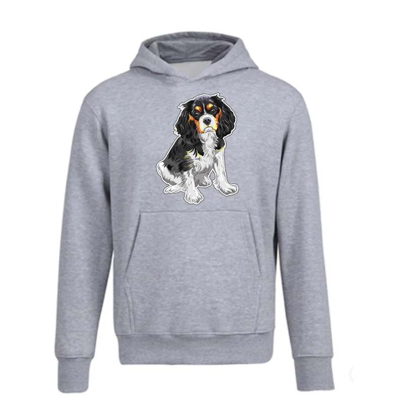 Cavalier King Charles Spaniel Dog Print Hoodies Men Girl Fleece Sweatshirt Casual Hooded Hip Hop Harajuku Streetwear - Цвет: gray