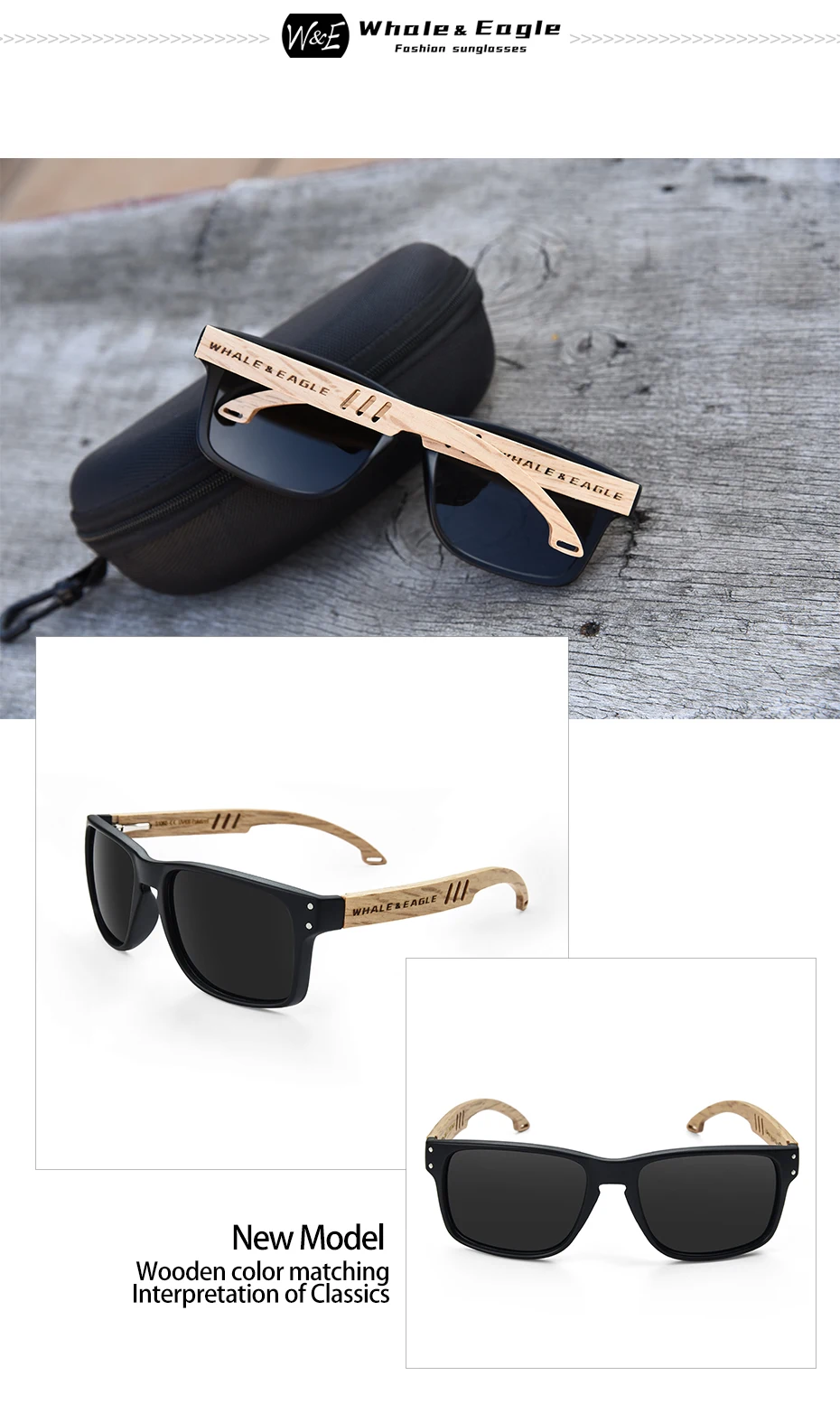 Sunglasses Men Wooden Zebra UV400 W&E Polarized Sunglasses Women Beech Blue Green Lens Handmade Fashionable Brand Cool