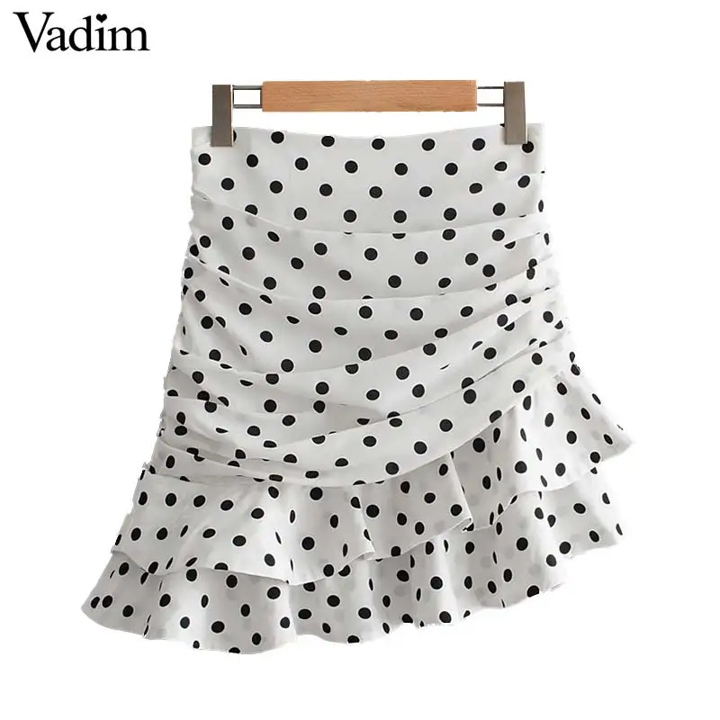 

Vadim women polka dot white asymmetrical mini skirt ruffles pleated high waist back zipper female irregular chic skirts BA717