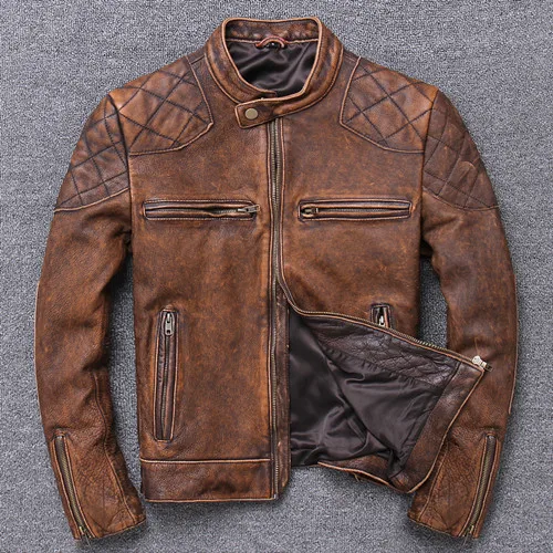 Винтажная коричневая Мужская короткая Байкерская кожаная куртка размера плюс XXXL из натуральной воловьей кожи Весенняя приталенная мотоциклетная куртка - Цвет: Color 1