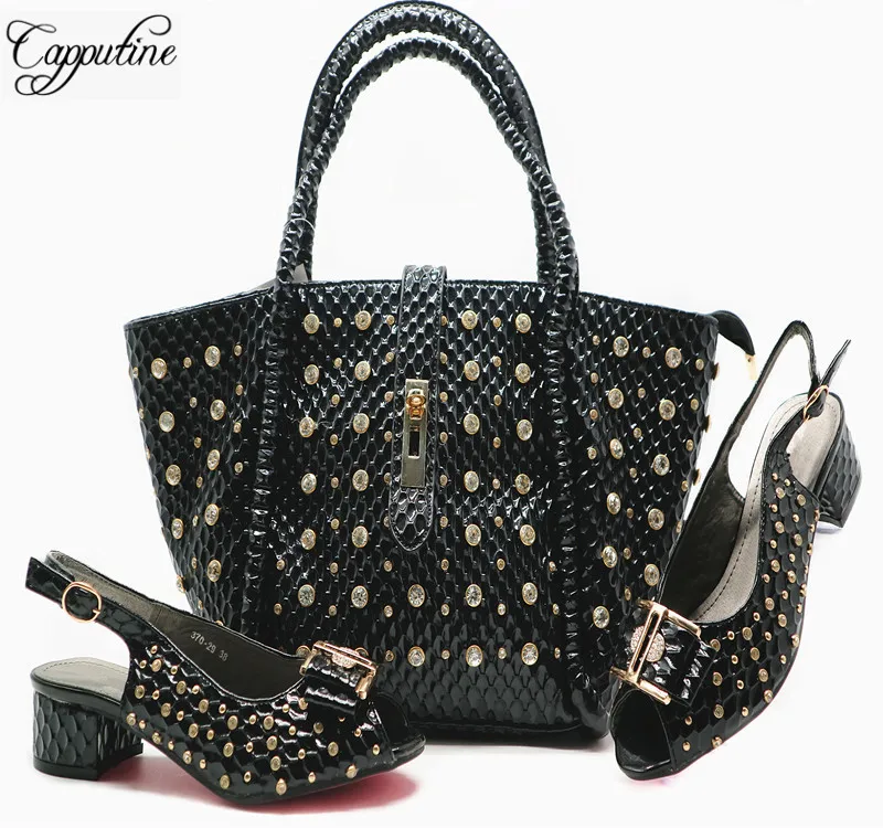 

New Design African High Heels Shoes And Bag Set For Party Summer Rhinestone Woman Low Heels 4.5CM Shoes And Bag Set G57