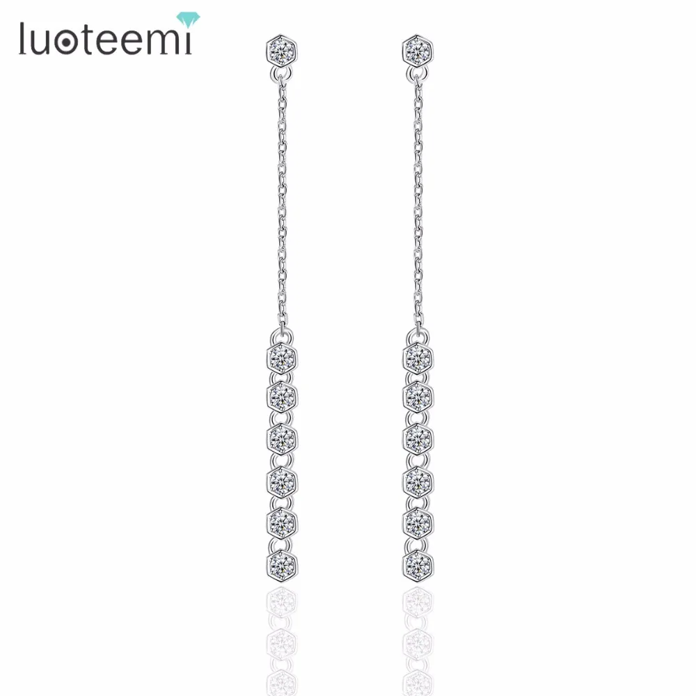 

LUOTEEMI Brand New Elegant Drop Earrings Link Chain with Round CZ Crystal Pendant Dangle Jewelry for Women Wedding Long Brincos