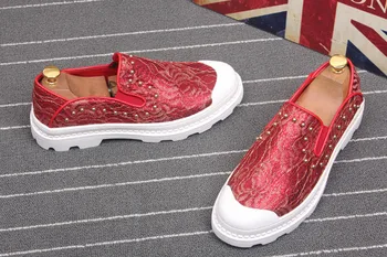 

Summer Men Youth Leather Cloth Mixed Color Bottom Thick Loafers Men Breathable Slip On Embroidered Moccasin Gommino