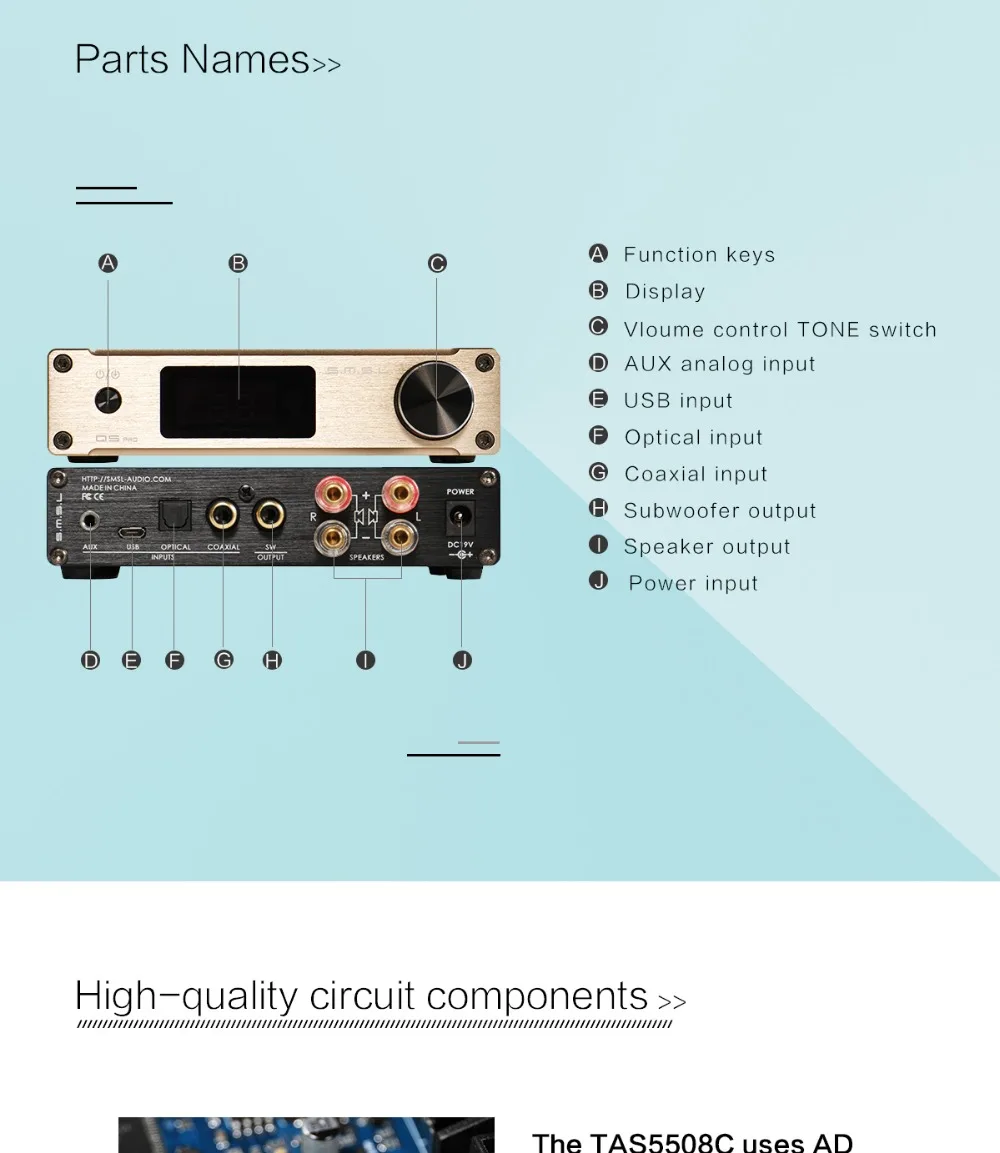 SMSL Q5 Pro Hi-Fi аудио цифровой усилитель мощности 2x45 Вт управление USB коаксиальный оптический вход 192 кГц 44 бит цвет черный серебро золото