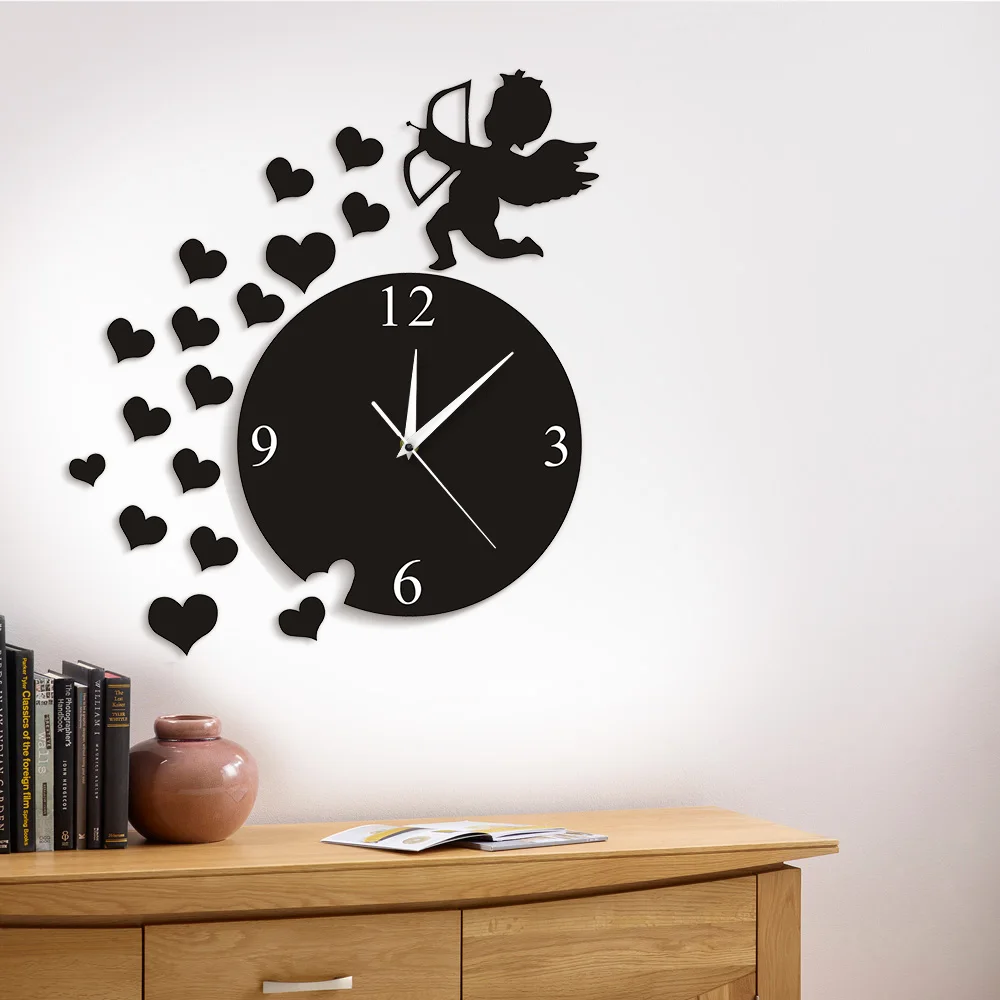 

1Piece Cupid Arrow Hearts Cherub Angel Wall Clock Flying Cupid Love Angel Modern Design Home Decor A Wall Watch Time Clock