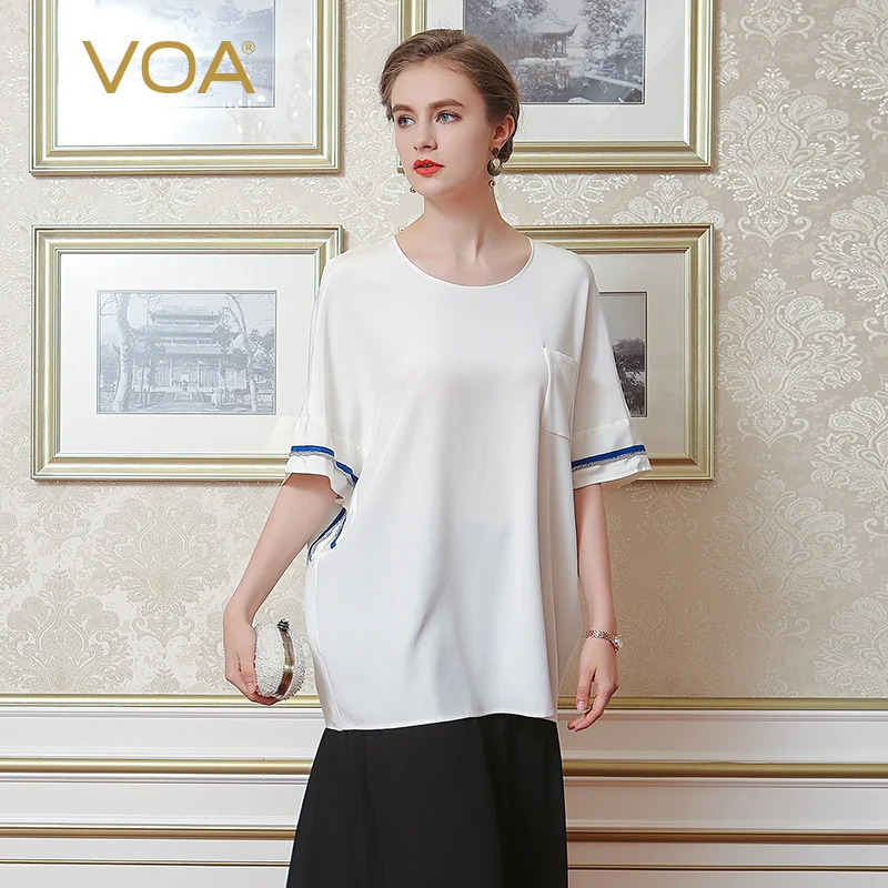 

VOA 2017 New White Color Tops European American Fashion Batwing Sleeve Silk Blue Edge Cuff T-shirt Female B6666