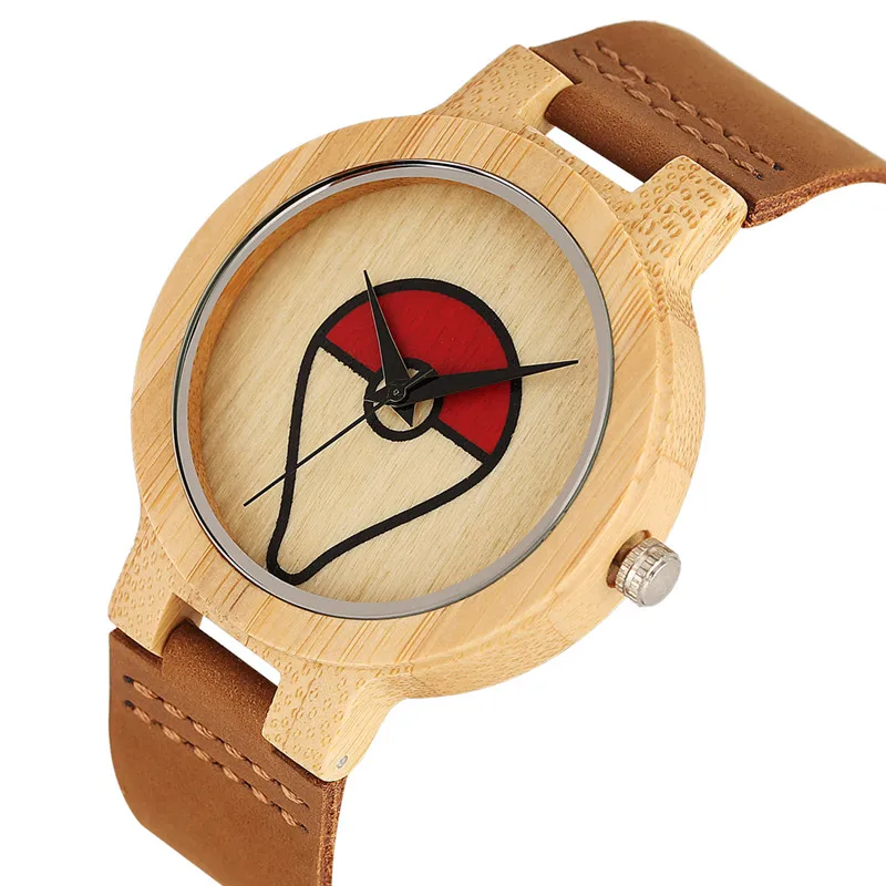 

Casual Delicate Eco-friendly Wooden Watch Women Men Quartz Watch Movement Creative Deformation Pokemon Pattern Bamboo Wristwatch