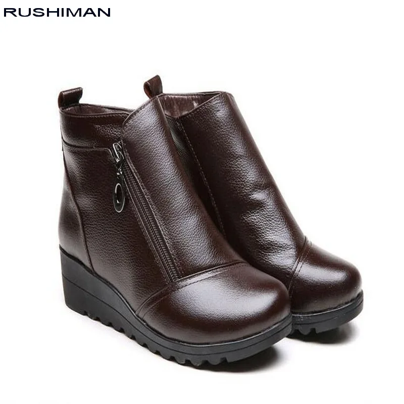 

Autumn Winter Women Boots Fashion Genuine Leather Wedges Ankle Boots Casual Keep warm Women Snow Boots flat mother cotton shoes