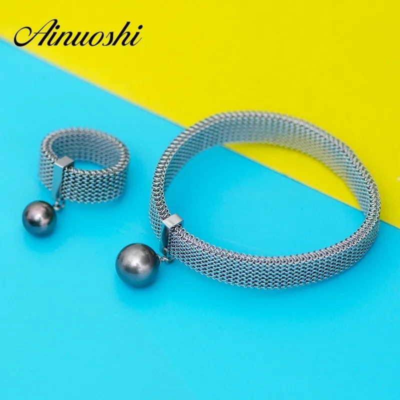 

AINUOSHI US#5.75/6 Adjustable Spring Ring Bracelet Sets Natural Black South Sea Tahiti Pearl Ring Bracelet Flexible Length