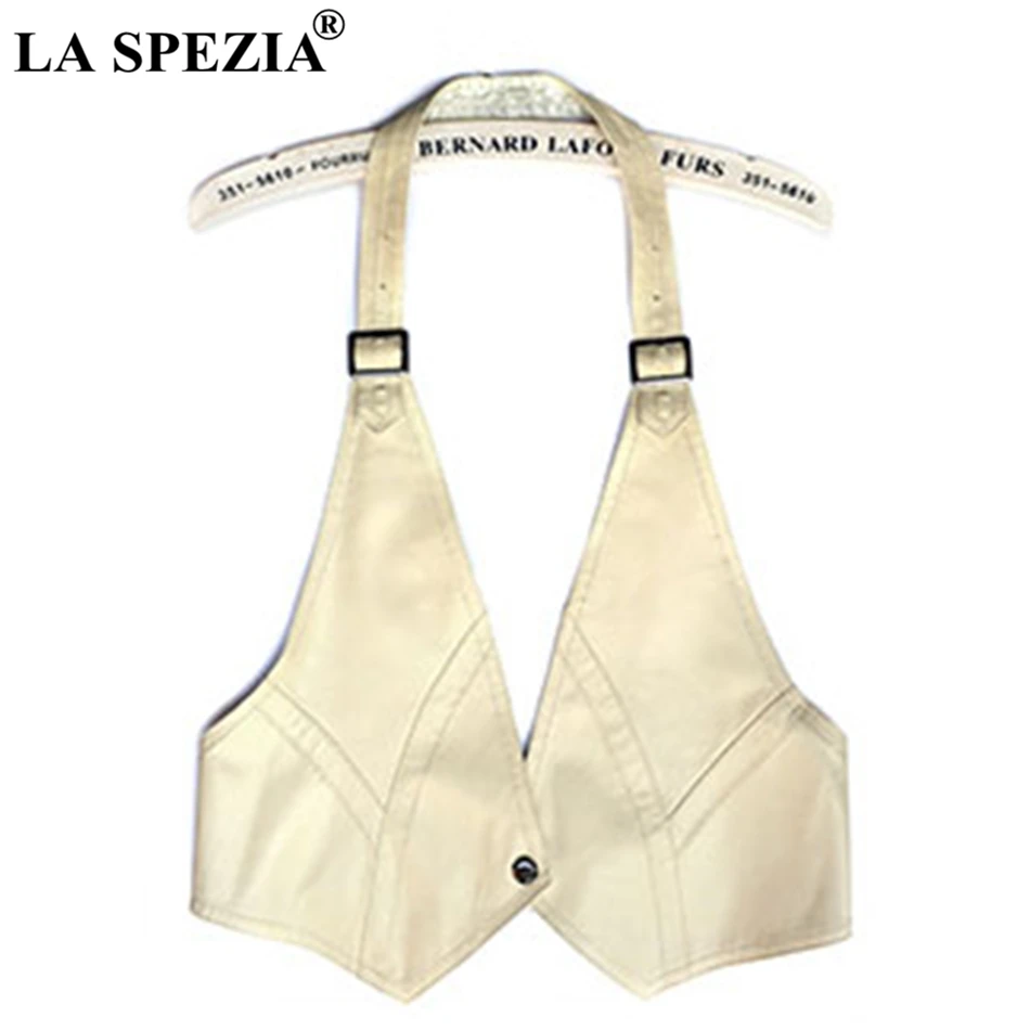LA SPEZIA Women Red Vest Halterneck Genuine Leather Waistcoat Female Sheepskin OL Adjustable Ladies Spring Sleeveless Jackets