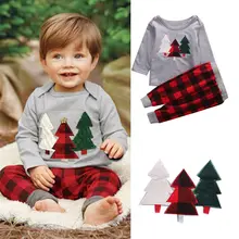 Комплект рождественской одежды с длинными рукавами для маленьких мальчиков, футболка+ клетчатые штаны комплекты из 2 предметов Рождественская одежда для детей