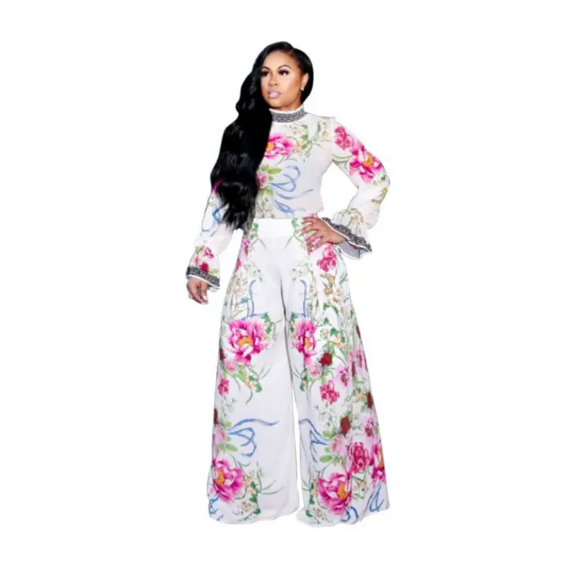 

S-XXL Plus Size Jumpsuit Chiffon Long Sleeve Print Overalls For Women Casual Boho Wide Leg Pants YJ1835
