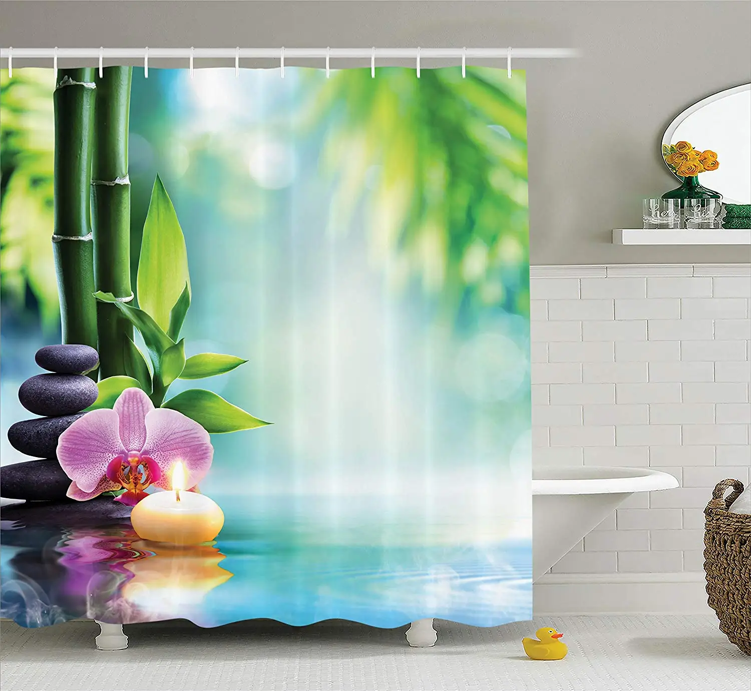 

Shower Curtain Set Symbolic Spa Features with Candle and Bamboos Tranquil and Thoughtful Life Culture Nature Print Bathroom