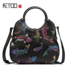 AETOO женская сумка в стиле ретро, кожаная сумка, новая воловья кожа, Национальный стиль, ручная работа, тиснение, красная рыба, сумка на плечо, сумка-мешок