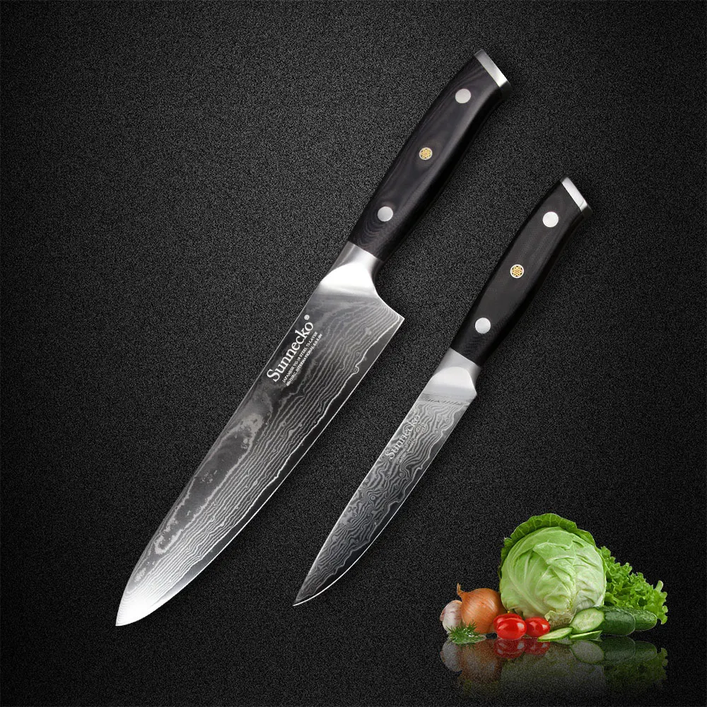 

Sunnecko 2PCS Set 8" Chef 5" Utility Knife Kitchen Knives Japanese Damascus VG10 Steel Slicing Meat Cutter G10 Sanding Handle