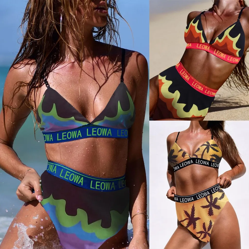 

2019 tops Summer Women Plus Size Two Piece Swimsuit Bikini Set Letter Flame Print Sling Swimwear BIQINI 30