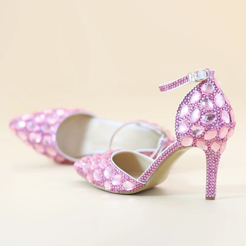 New Fashion Crystal Diamond Sandals Pointed Toe Pink Wedding Shoes for Bride font b Women b