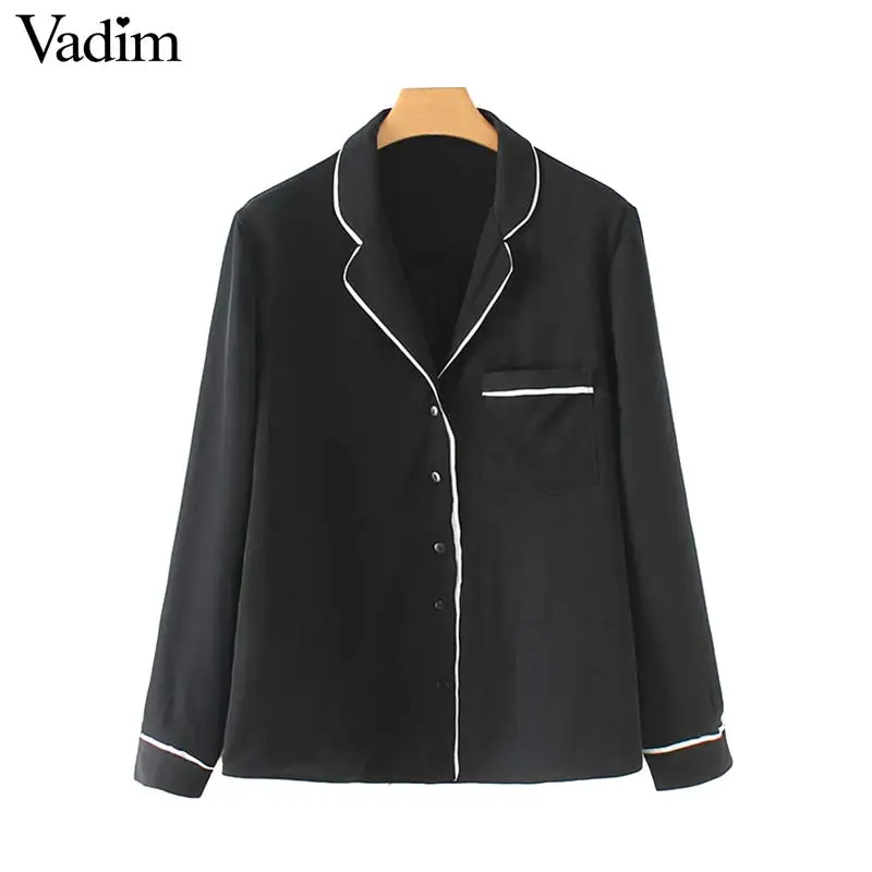 

Vadim women elegant basic blouse pajamas style pocket long sleeve turn down collar shirt female casual tops blusas LA910