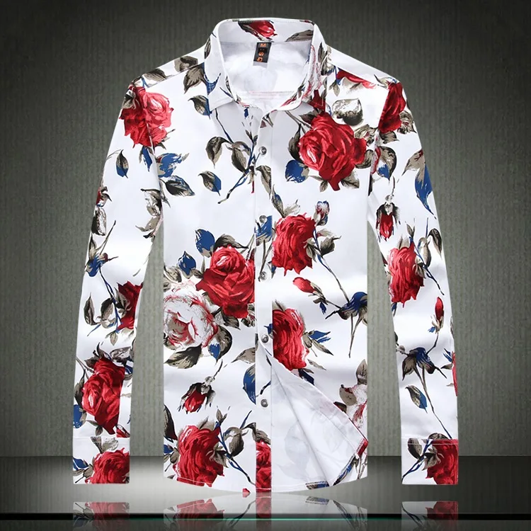 Hot Sale 2015 Spring Red Rose Floral Printed Shirts For Men Long