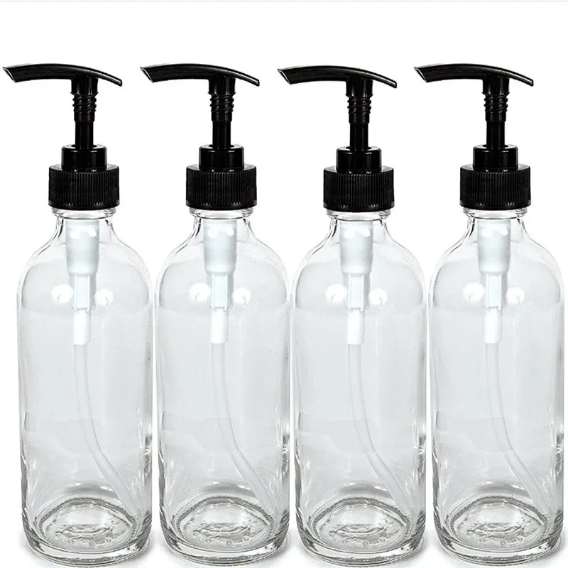 

4, Large 8 oz Empty Clear Glass Bottles with Black Lotion Pumpsfor Kitchen Bathroom Liquid Soaps Essential oils Lotions 250ml