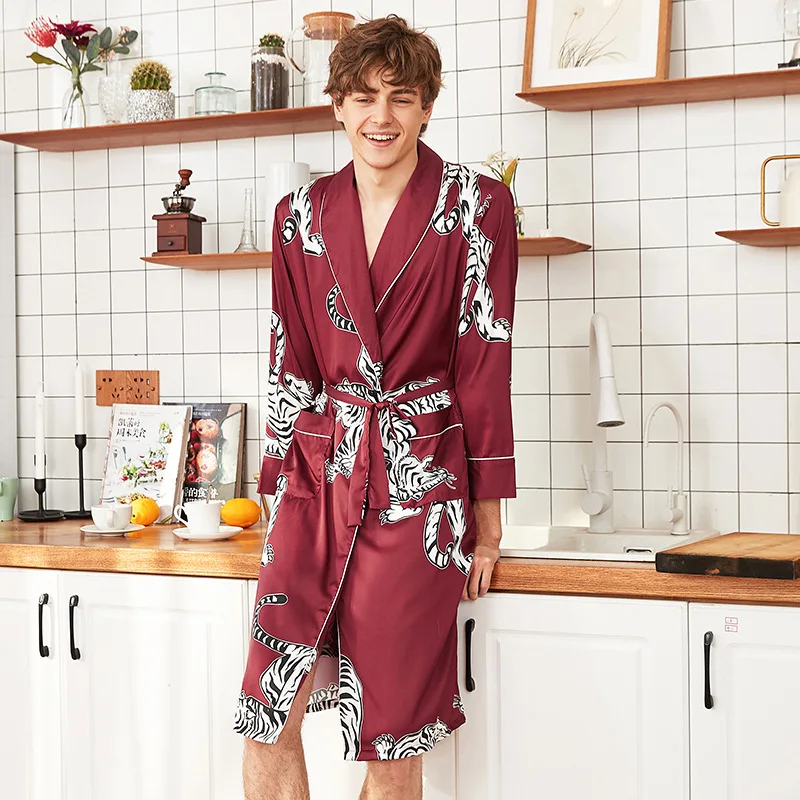 mens plaid pajama pants Men Satin Kimono Summer Silk Bathrobe Red Tiger Knee Length Long Sleeve Bath Robe Dark Green Dressing Gown for Male Sleepwear silk pajamas Men's Sleep & Lounge