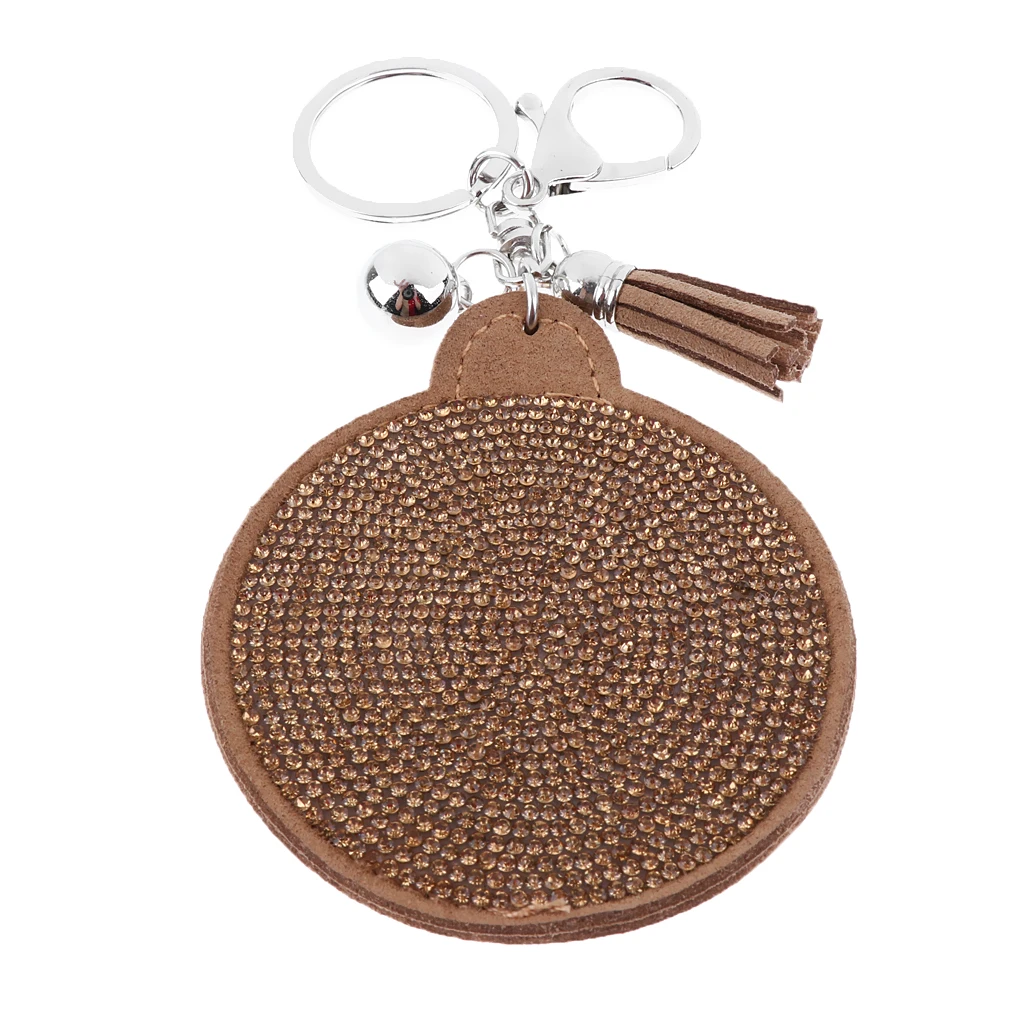 Woman Charm Key Chain Shape Round Crystal Keychain Tassel Mirror Grey