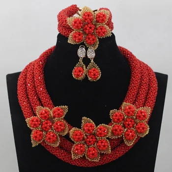 

Luxury Orange Red Nigerian Wedding African Beads Jewelry Set Flower Brooches Crystal Seed Beads Bridal Necklace Set Gifts QW716