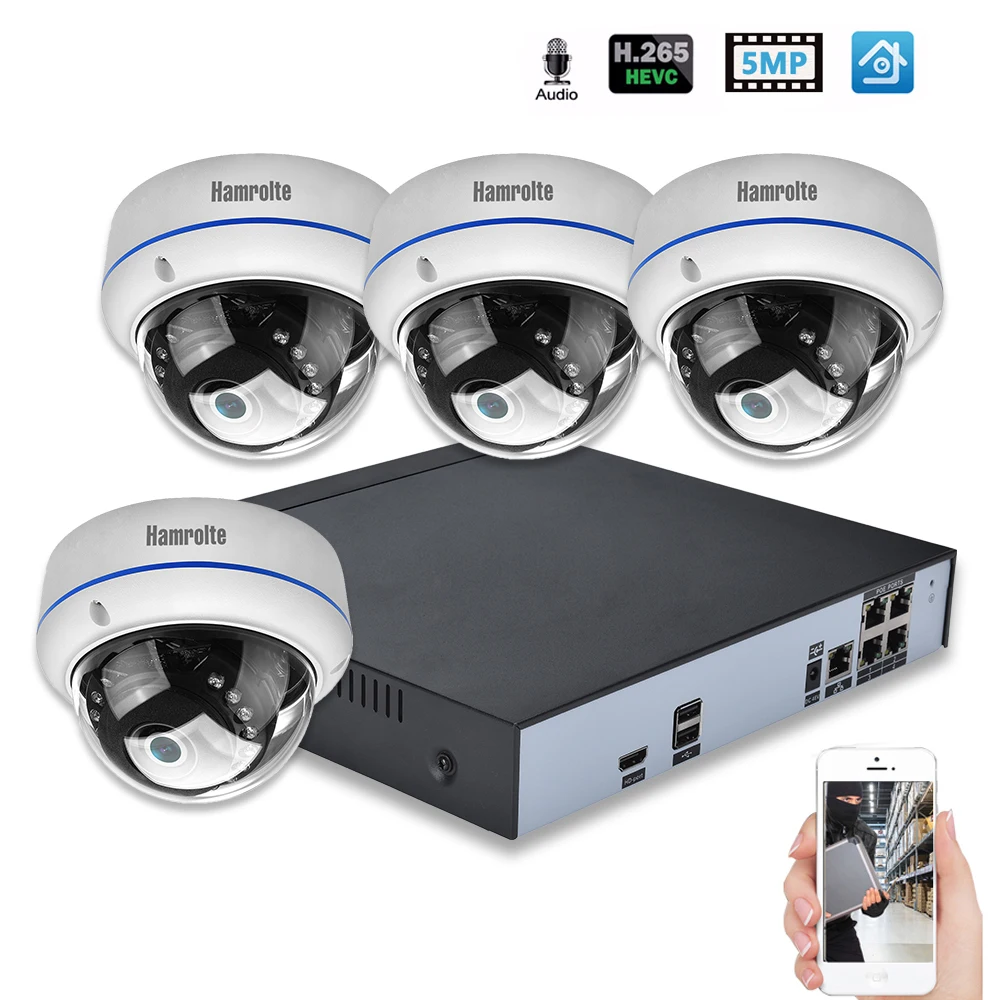 Hamrolte CCTV Системы H.265 4CH POE NVR 5MP купольная POE Камера POE NVR комплект HDMI видеовыход Смартфон дистанционного обнаружения движения