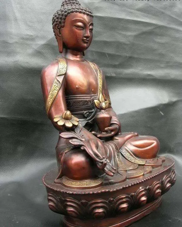 

12 Tibet Buddhism Temple Red bronze Carved of Tathagata Sakyamuni Buddha Statue