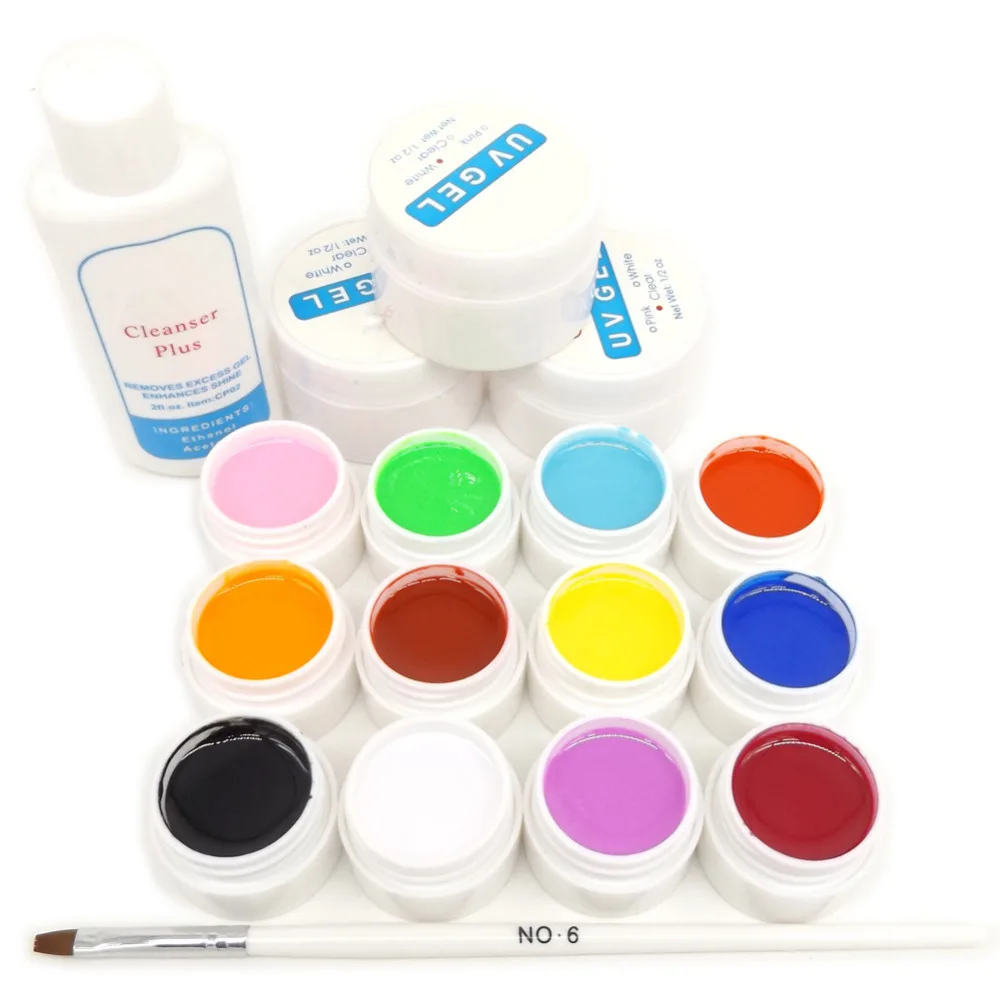 

12 Color UV Gel Builder Clear Pink White Gel Cleanser plus Brush UV Nail Art Set