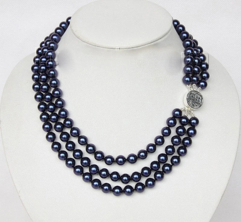 

16" 3row 8mm round navy blue sea shell pearls necklace 925 silver clasp