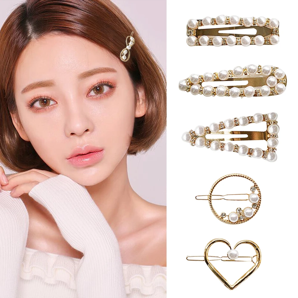 

2019 Hot Fashion 1PSC fashion girl temperament wild pearl hairpin word clip combination network red temperament bangs clip