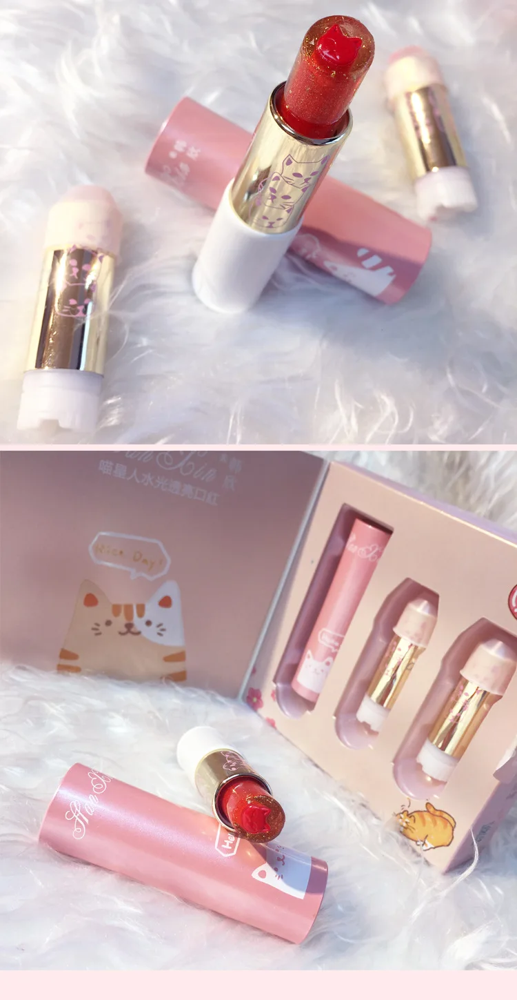 Sexy Girl Cat Jelly Sandwich 1+2 Lipstick Lip Gloss Set Moisturizing Care Lip Gold Foil Long Lasting Waterproof Lipstick Makeup