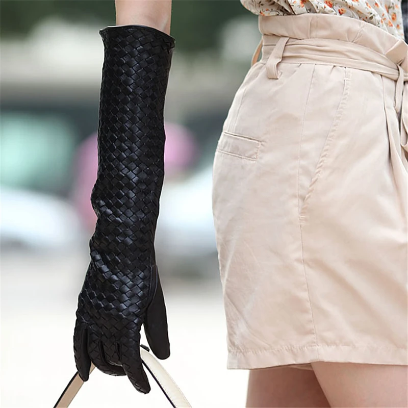 Распродажа, женские перчатки длиной 43 см из натуральной кожи, однотонные черные перчатки из овчины, зимние теплые модные перчатки, L108NN