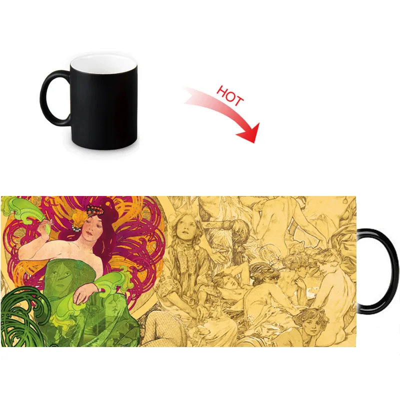12 унций Alphonse Mucha Work Heat Reveal волшебная кружка изменение цвета кофе молочный чай