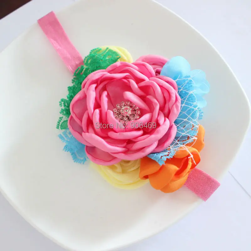 

Kids hair Flower headband Burned Satin Flowers burned edges flower with Rose Lace headband Girl headwear accessories